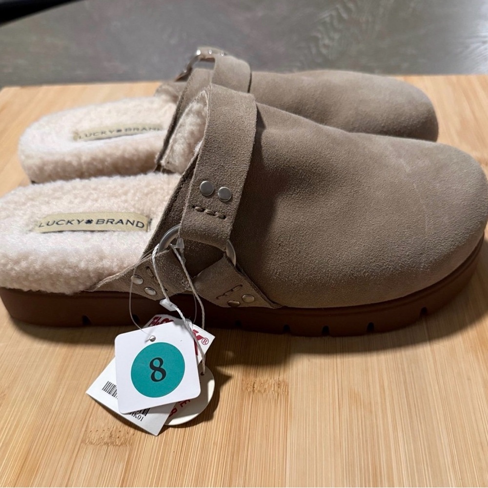 Lucky Brand Taupe Suede Shearling Slip-On Clogs